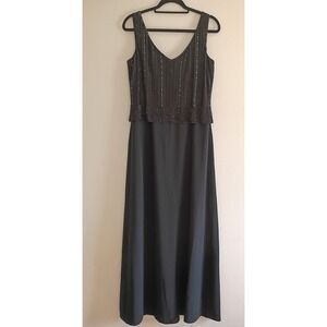 Daymor Couture Black Beaded V-Neck Formal Gown Maxi Dress Sz 10 Sleeveless